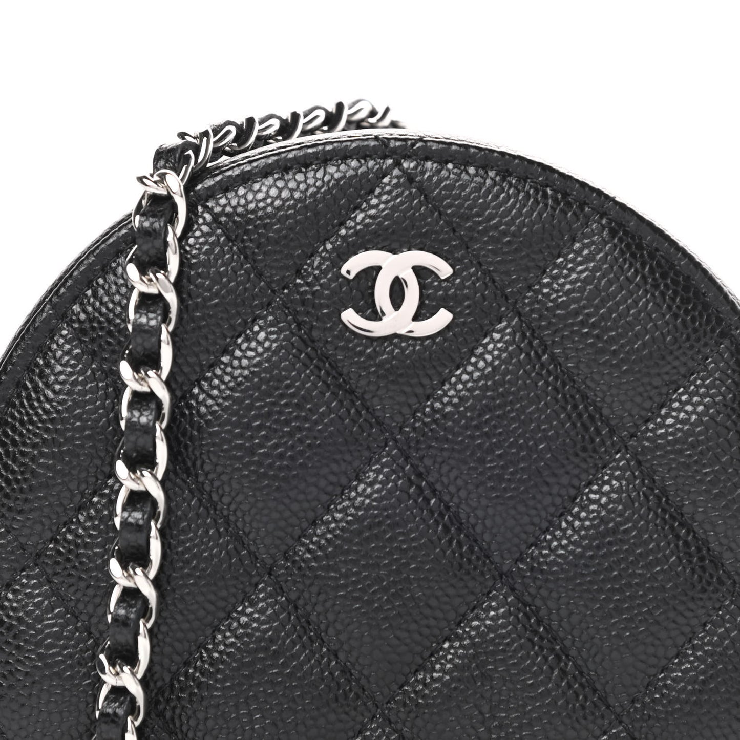 Caviar Quilted Round Clutch With Chain Black