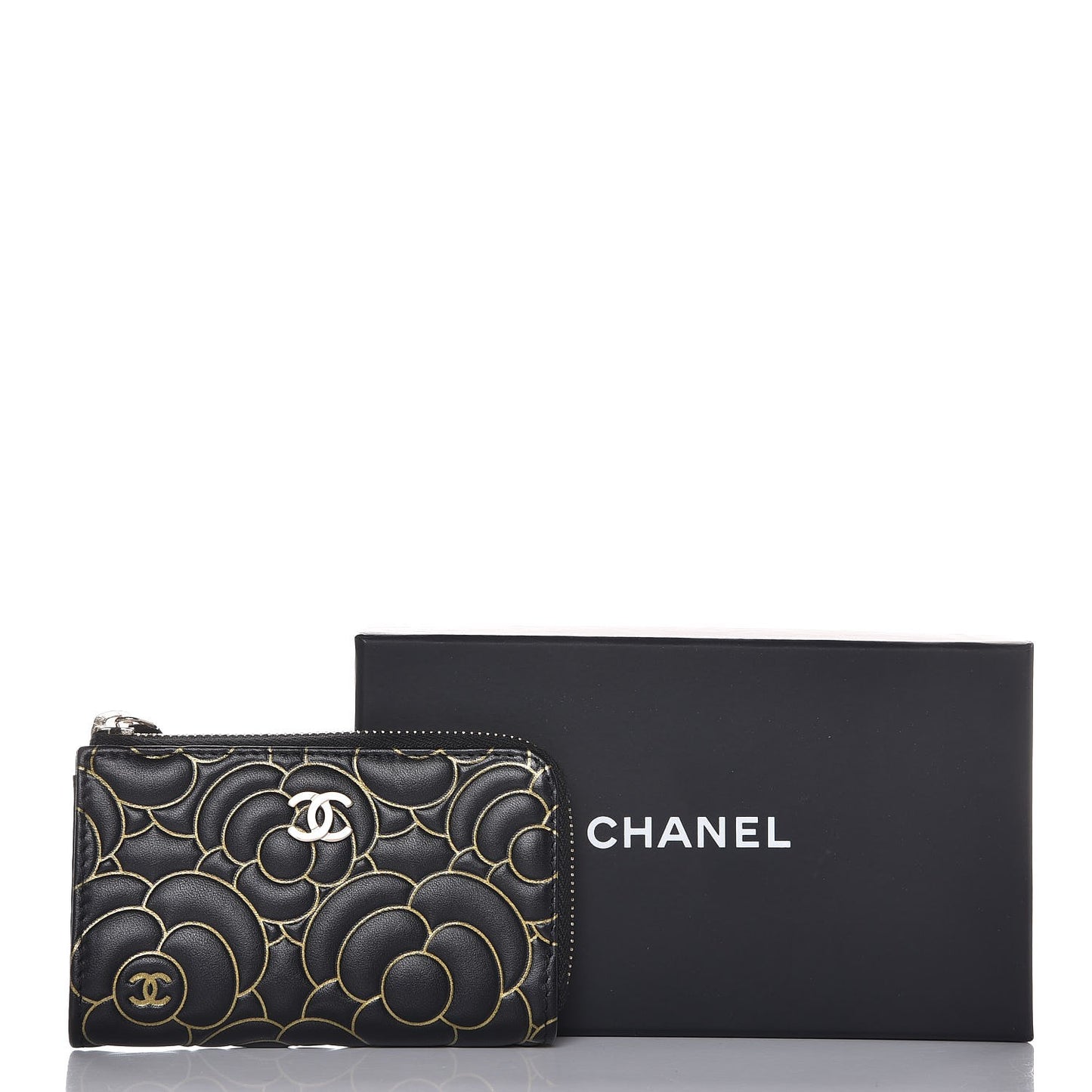 Lambskin Camellia Embossed Key Holder Case Black Gold