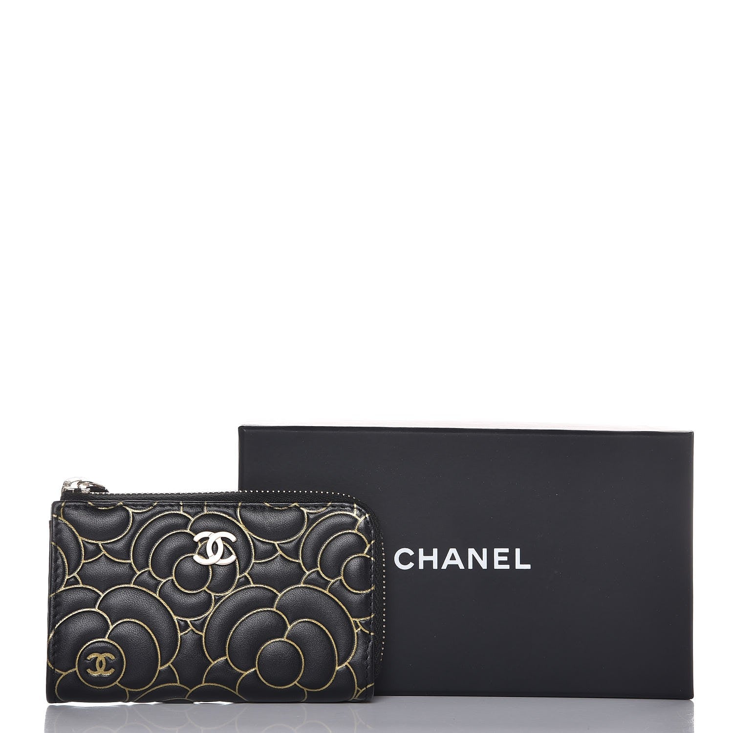 Chanel Lambskin Camellia Embossed Key Holder Case Black Gold 8 of 8