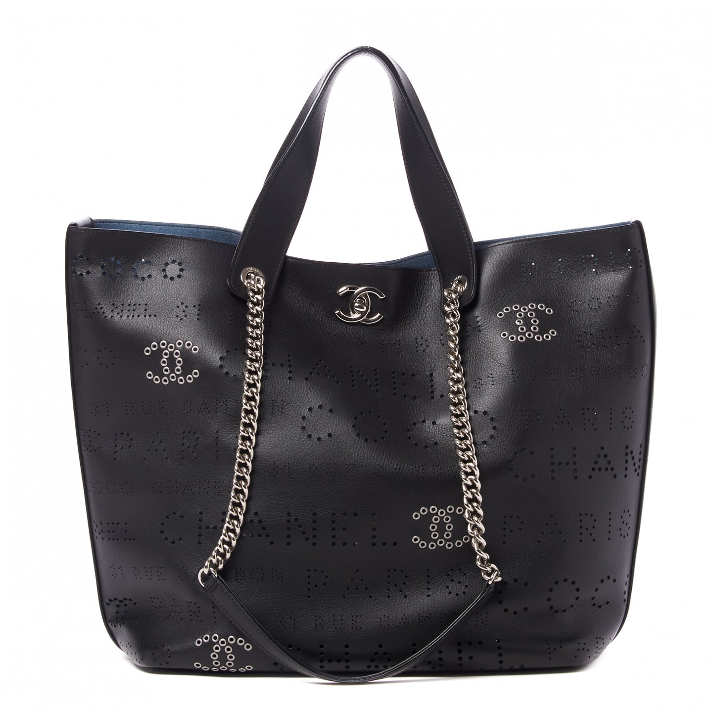 Calfskin Tweed Small Logo Eyelets Shopping Tote Black