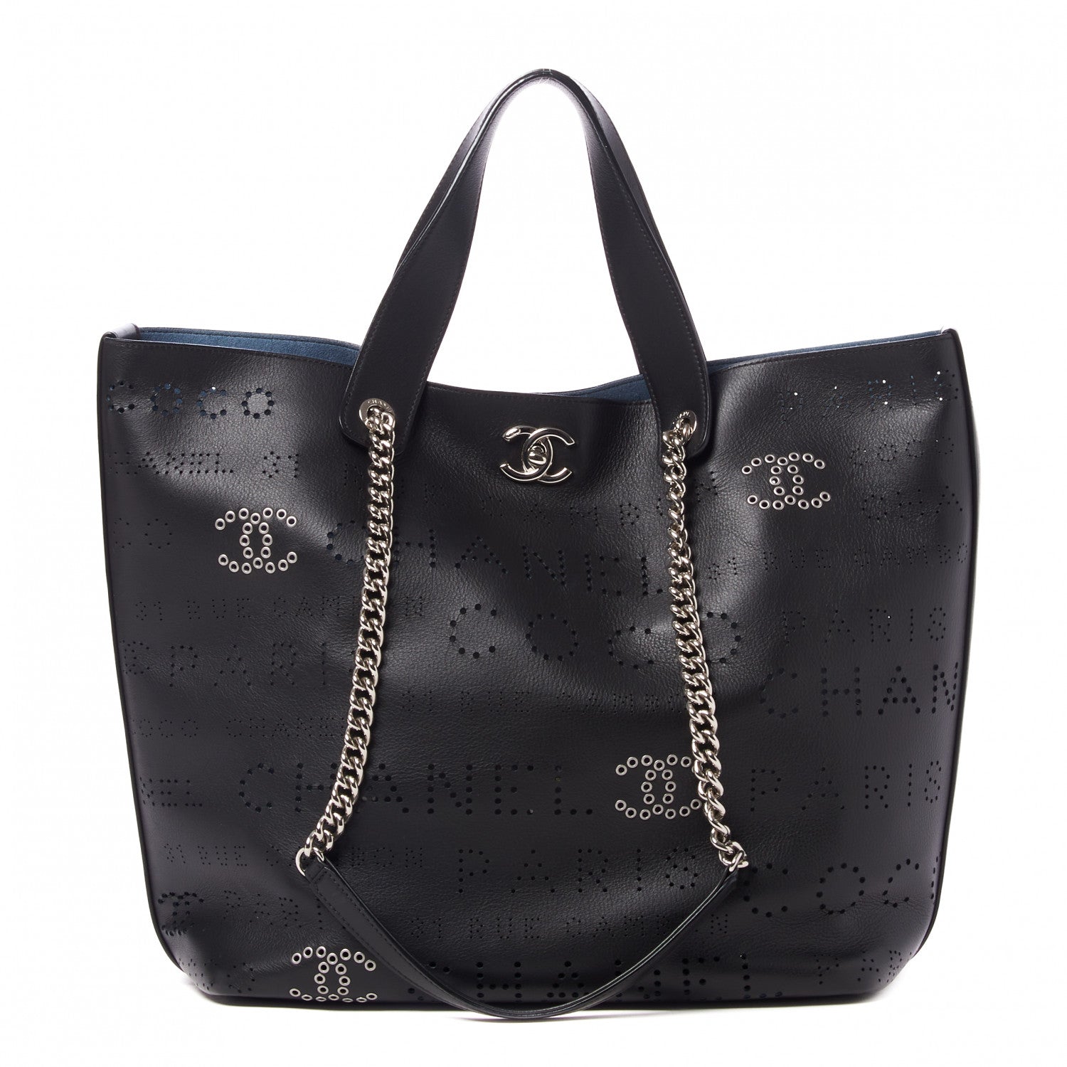 Chanel Calfskin Tweed Small Logo Eyelets Shopping Tote Black 3 of 10