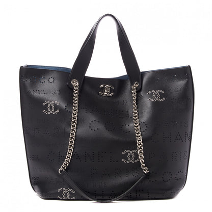 Chanel Calfskin Tweed Small Logo Eyelets Shopping Tote Black 3 of 10