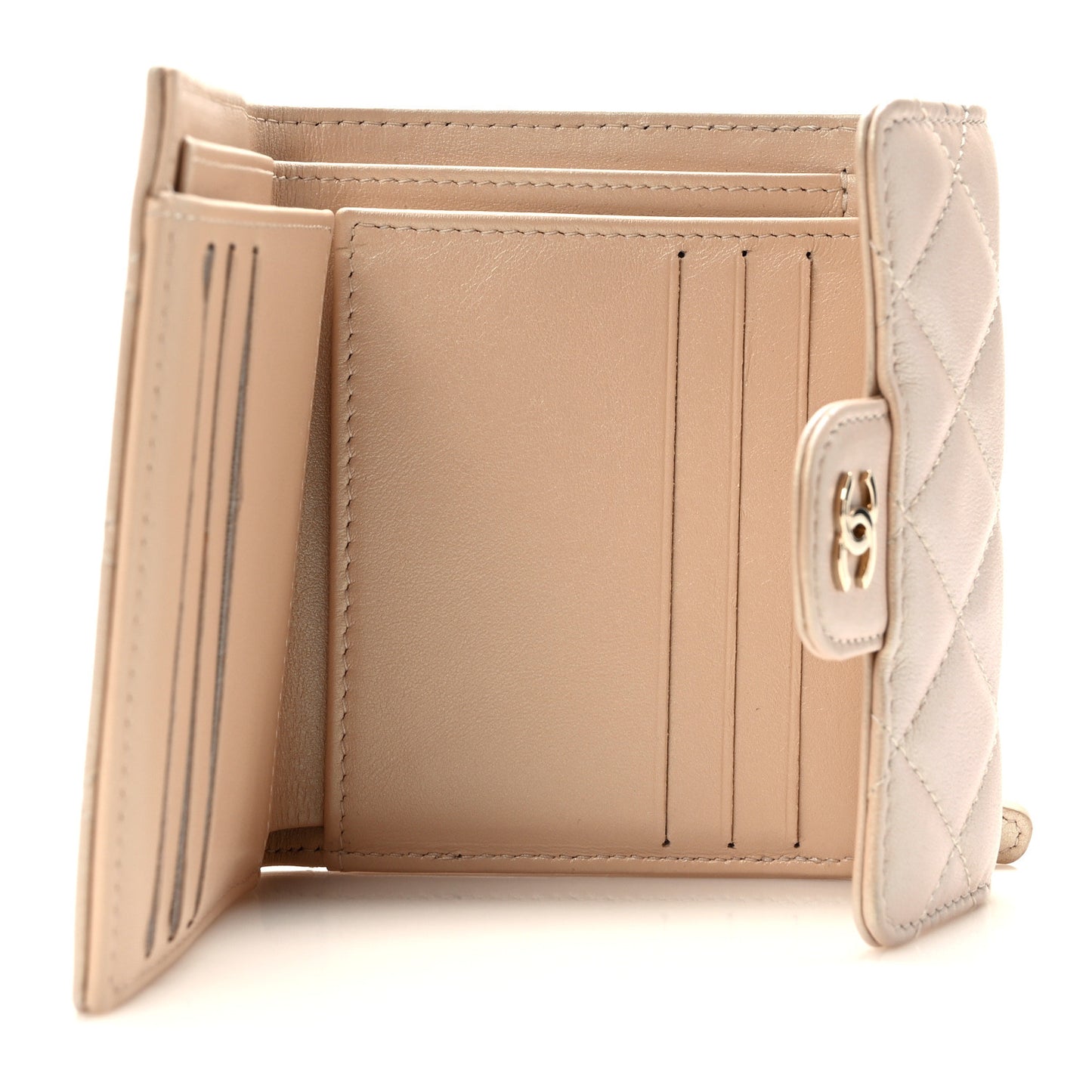 Iridescent Calfskin Quilted Compact Flap Wallet Beige