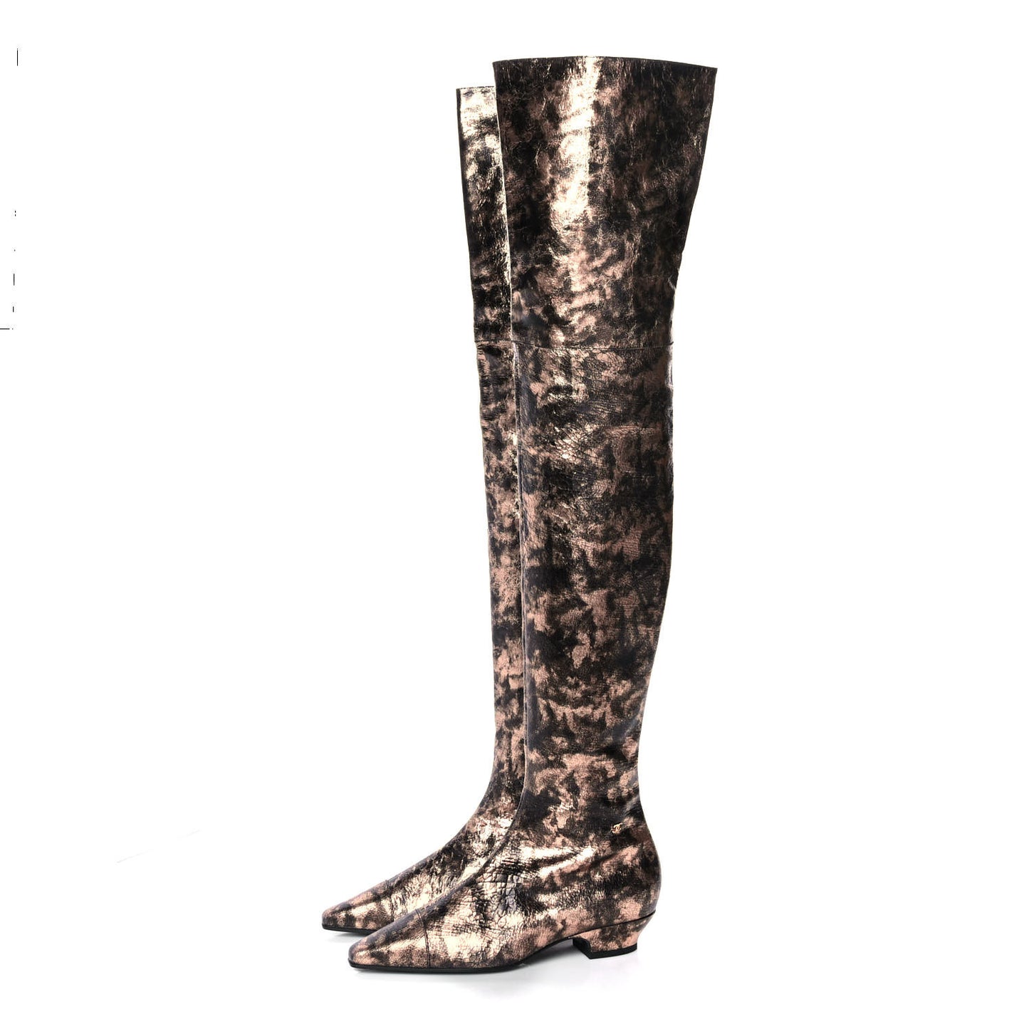 Metallic Lambskin Over the Knee Boots 36 Gold Black