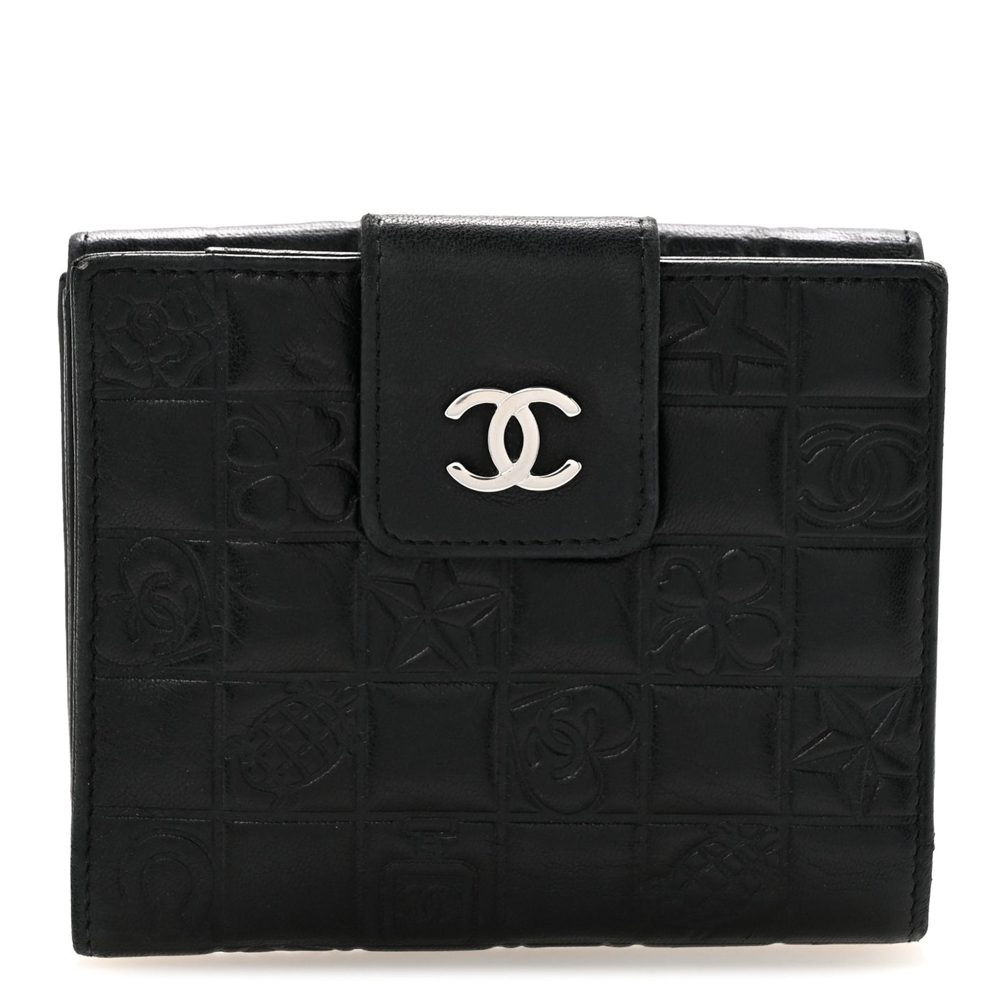 Calfskin Lucky Symbols Compact French Flap Wallet Black