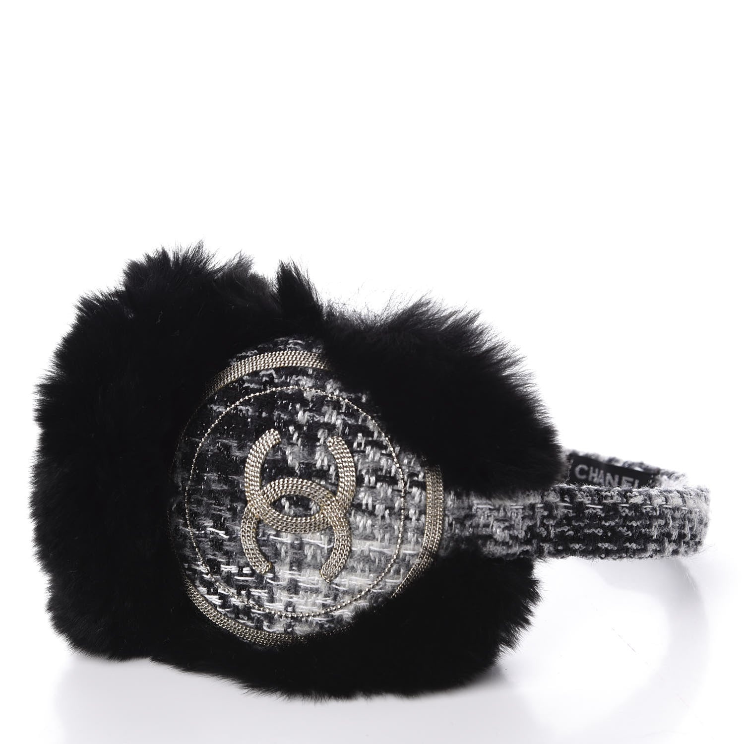 Chanel Rabbit Fur Tweed CC Ear Muffs Black White 2 of 5
