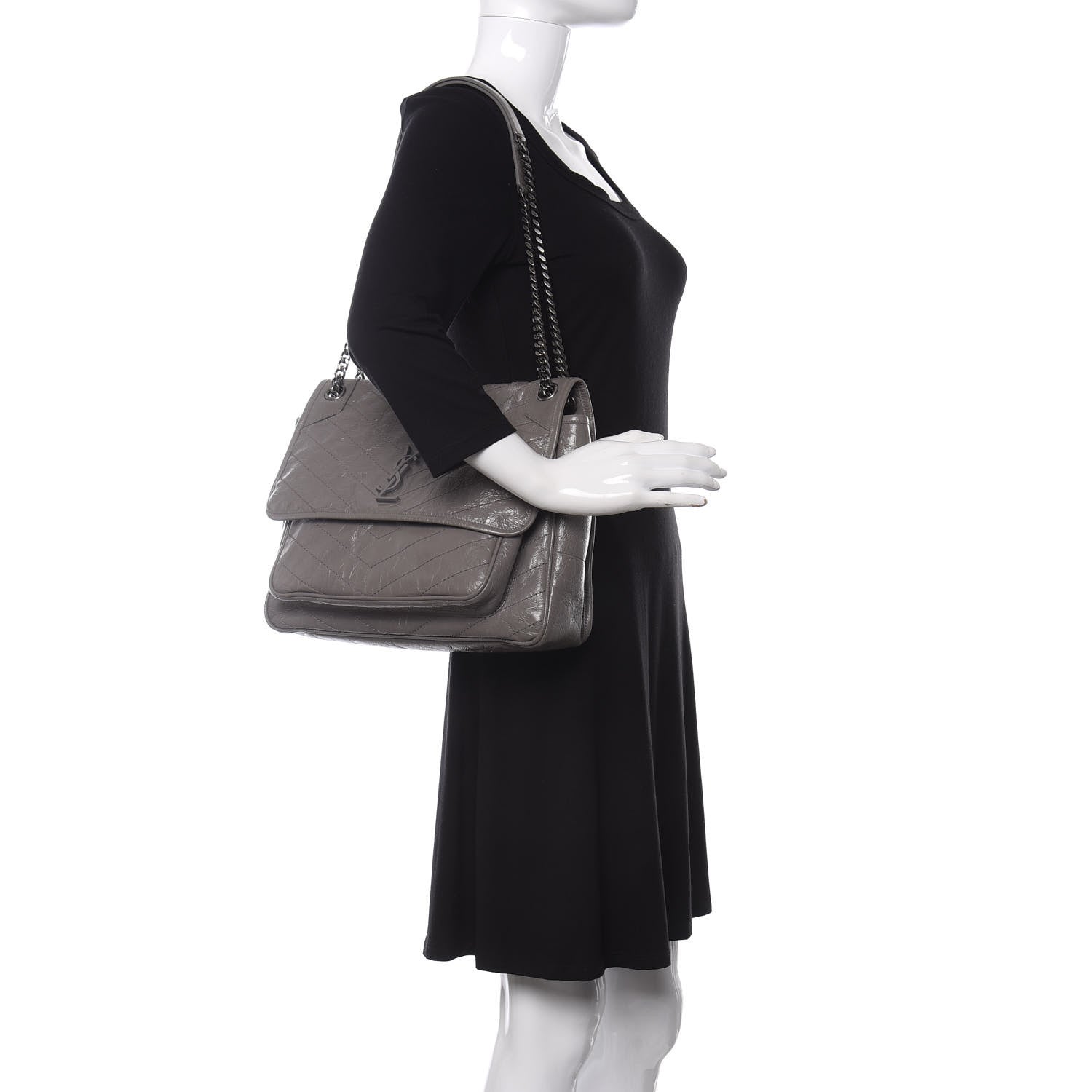 Saint Laurent Crinkled Calfskin Matelasse Monogram Large Niki Chain Satchel Fog 2 of 12