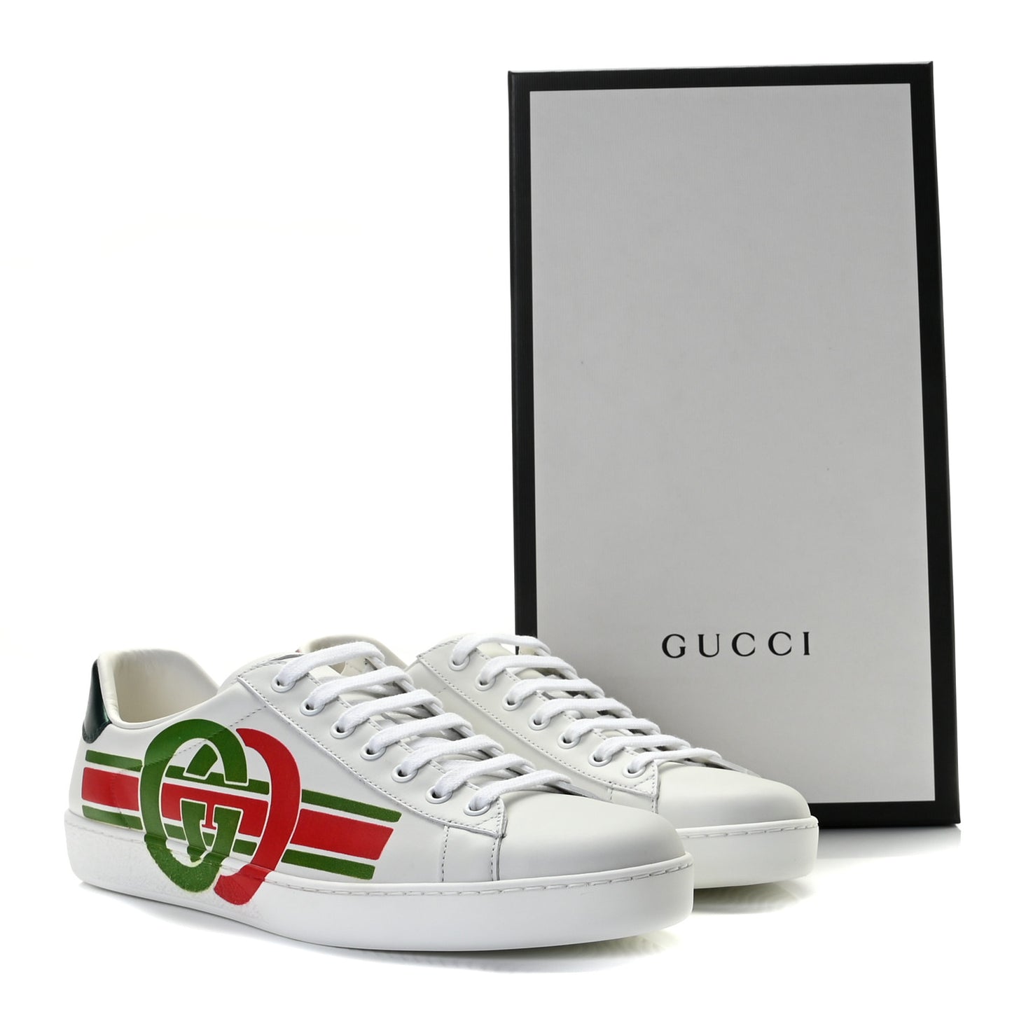 Calfskin Interlocking G Mens New Ace Sneakers 8.5 White Red Flame Green