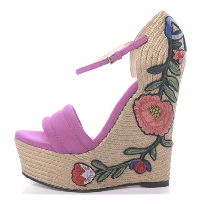 Gucci Kid Scamosciato Ophelia Espadrille Platform Wedge Sandals 35 Rododendro 1 of 9