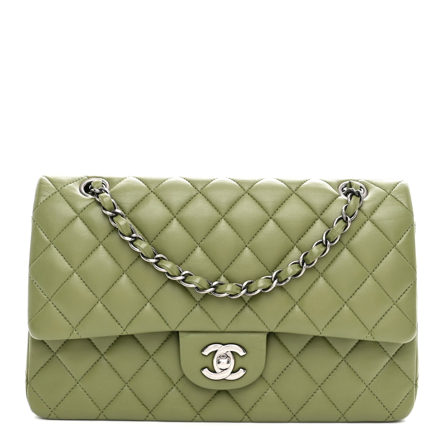 Lambskin Quilted Medium Double Flap Green
