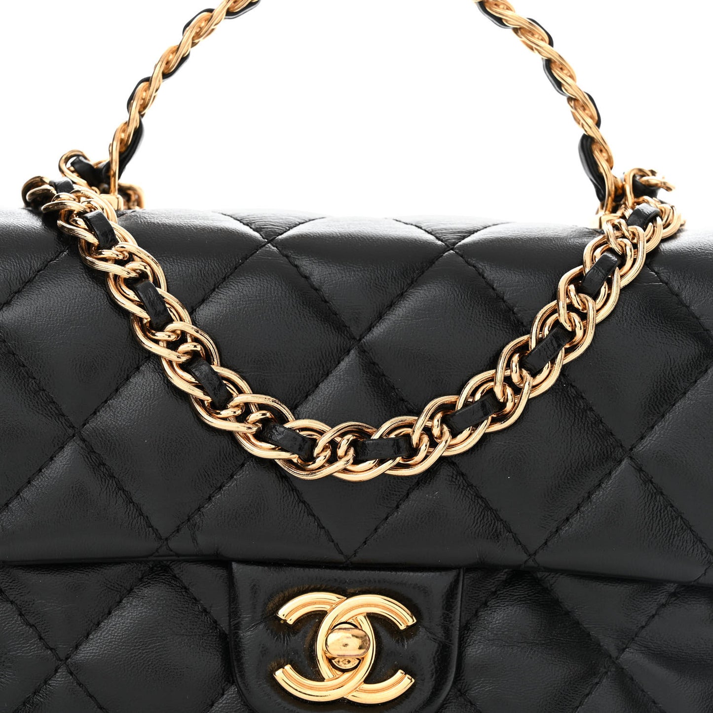 Shiny Lambskin Quilted Golden Links Top Handle Flap Black