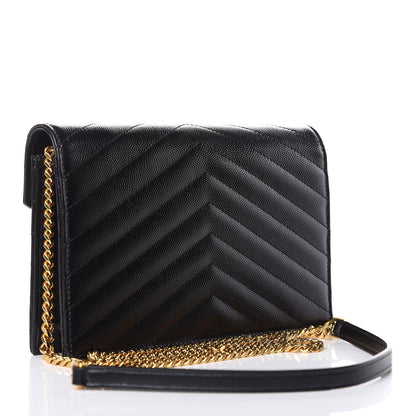 Saint Laurent Grain De Poudre Matelasse Chevron Monogram Envelope Chain Wallet Black 3 of 10