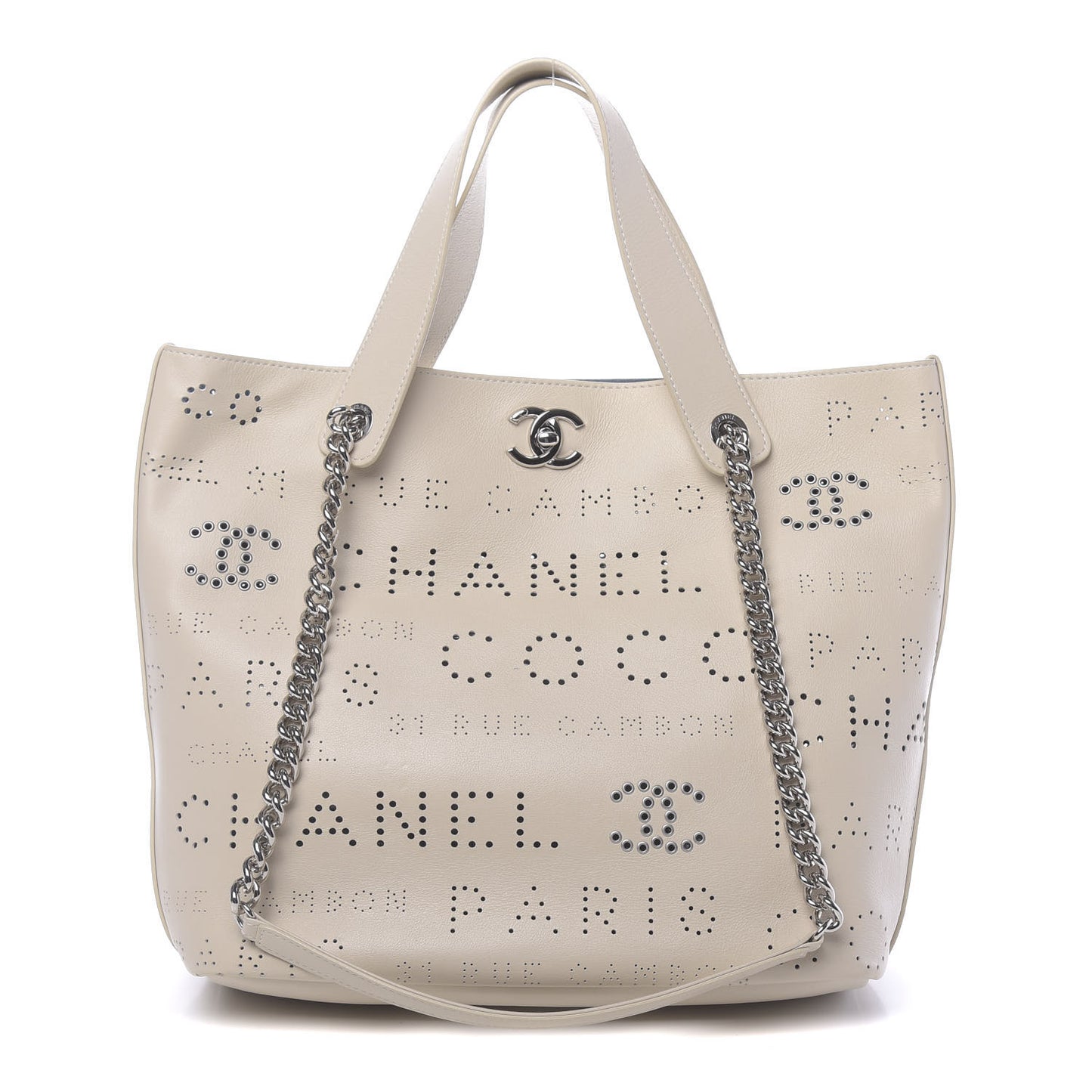 Calfskin Tweed Small Logo Eyelets Shopping Tote Beige