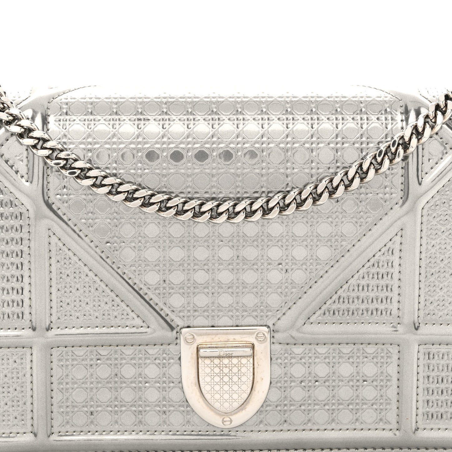 Metallic Patent Micro-Cannage Diorama Wallet on Chain Pouch Silver