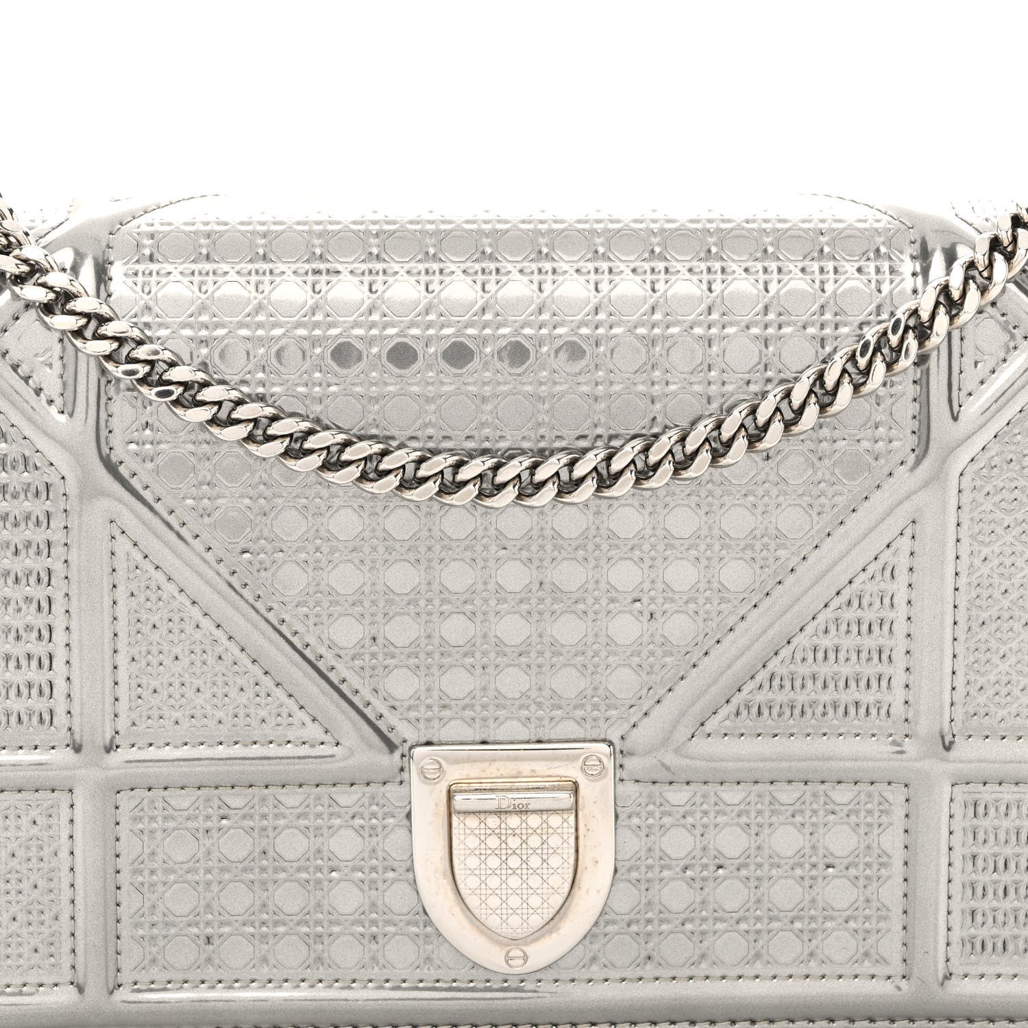 Christian Dior Metallic Patent Micro-Cannage Diorama Wallet on Chain Pouch Silver 7 of 9