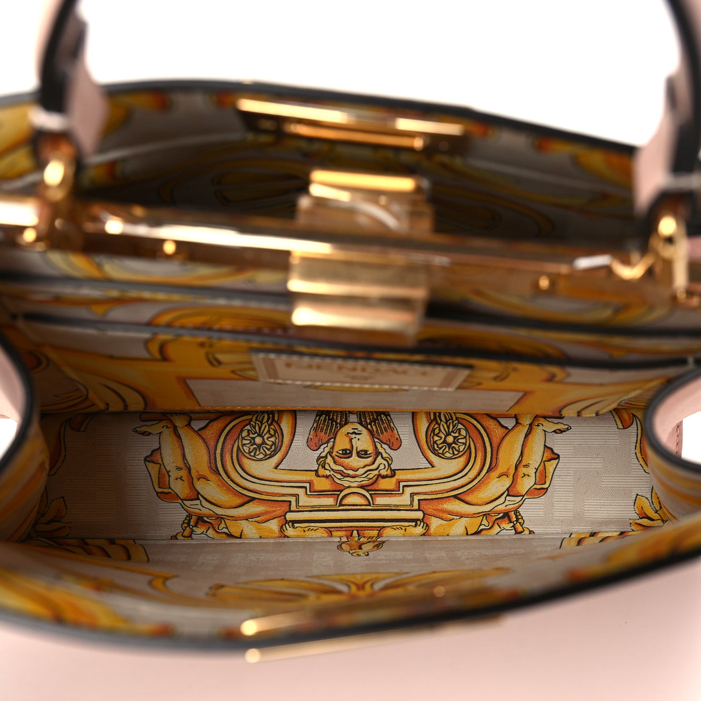 X VERSACE Vitello Seta Nappa Fendace FF Baroque Small Peekaboo I SEE U Satchel Rosa Confetto White Gold
