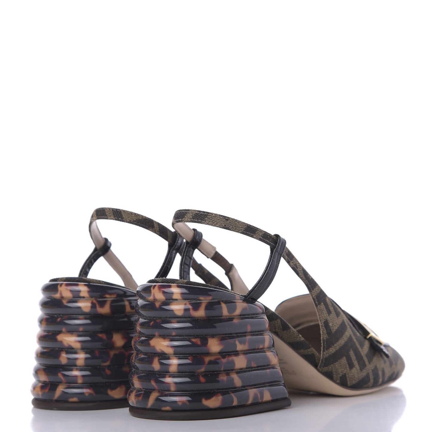 Jacquard Calfskin FF Tortoise Promenade Slingback Loafer Pumps 39.5 Tobacco