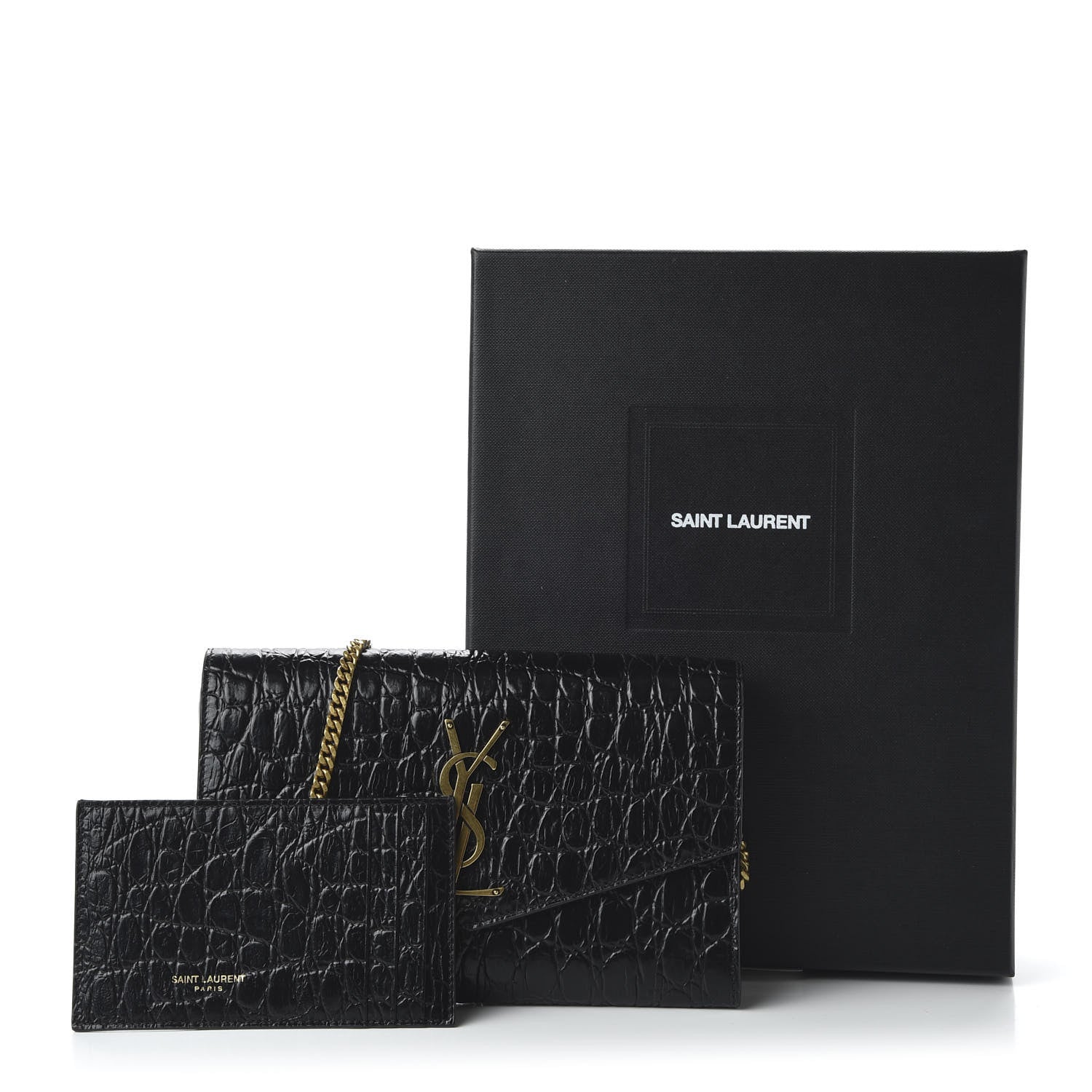 Saint Laurent Calfskin Crocodile Embossed Monogram Uptown Chain Wallet Black 10 of 10