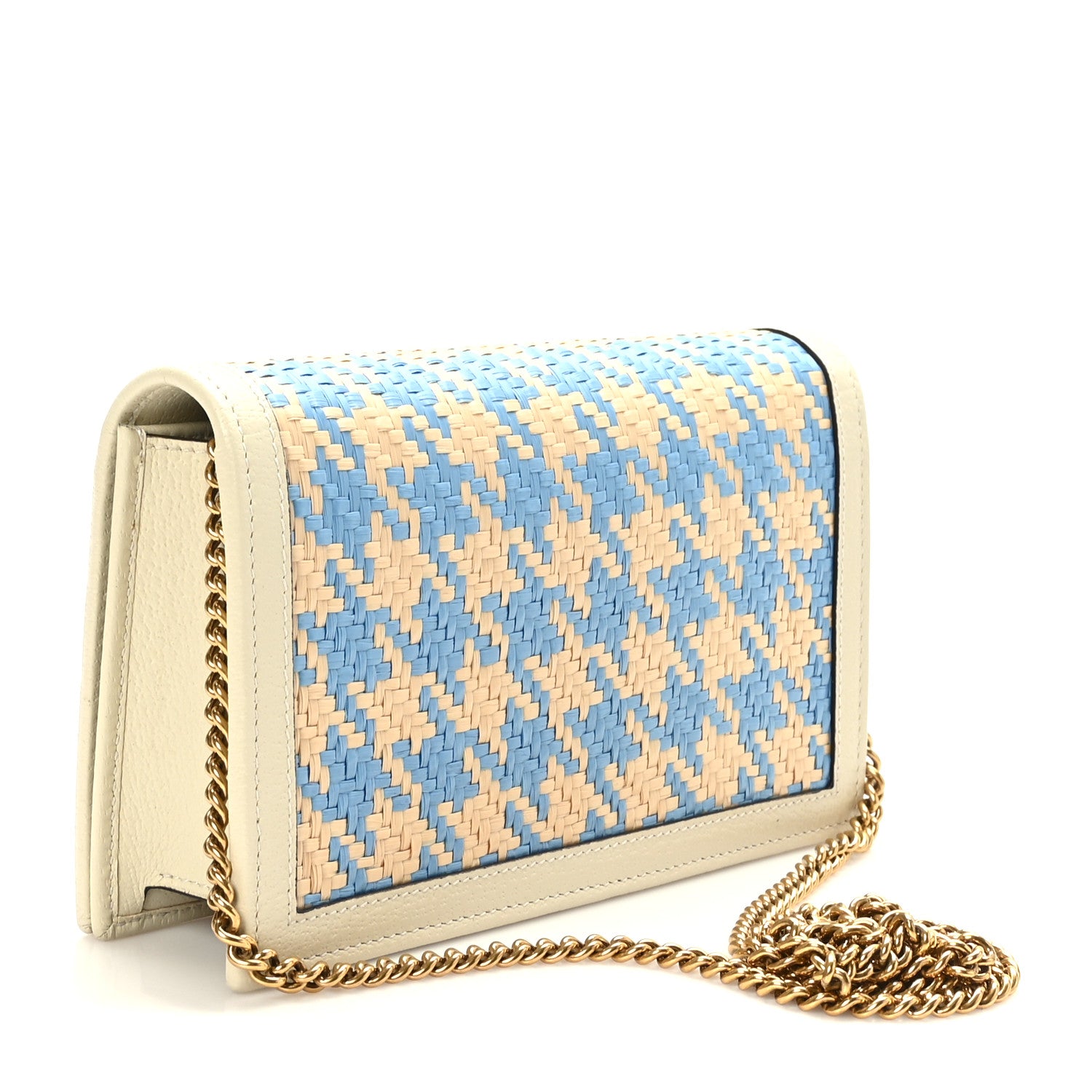 Gucci Polished Raffia Textured Dollar Calfskin Houndstooth Mini Diana Chain Bag Natural Light Blue Mystic White 3 of 10
