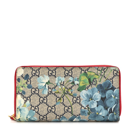 Gucci GG Supreme Monogram Blooms Zip Around Wallet Blue Red 1 of 11
