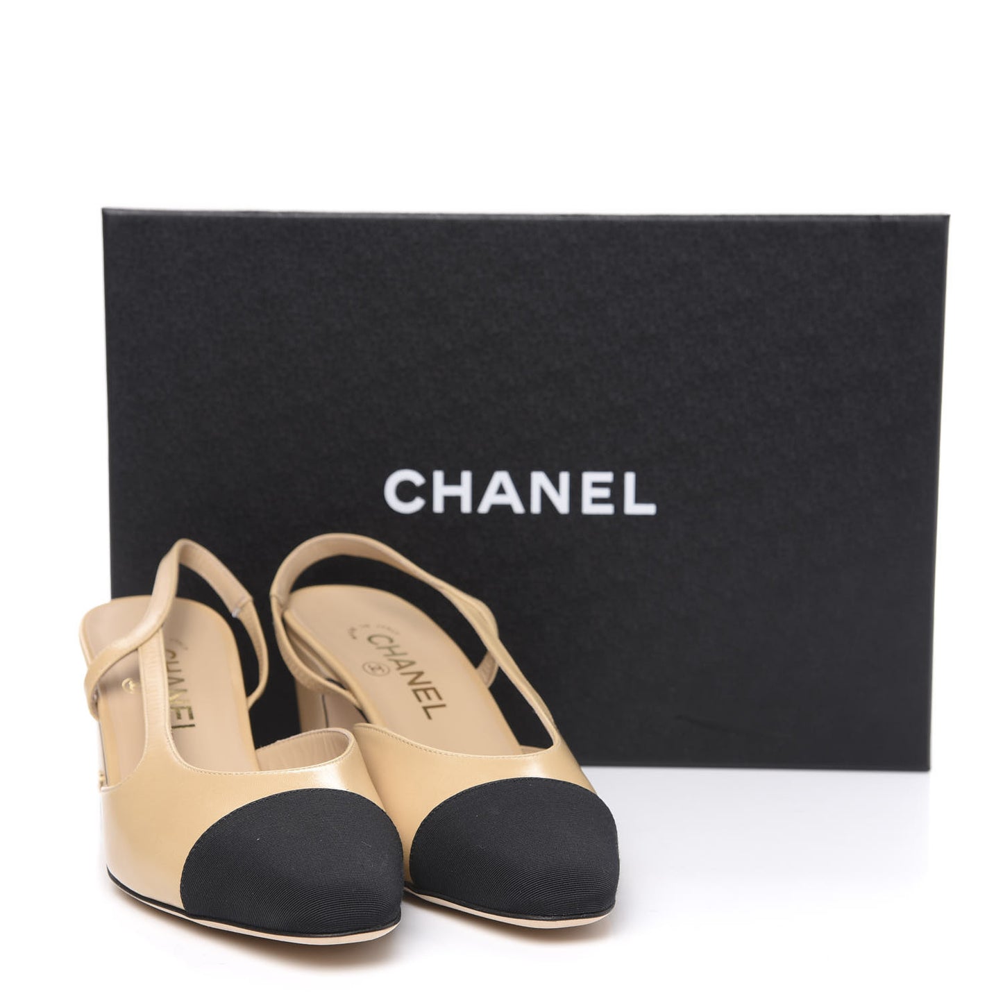 Goatskin Grosgrain Cap Toe CC Slingback Pumps 37.5 Beige Black