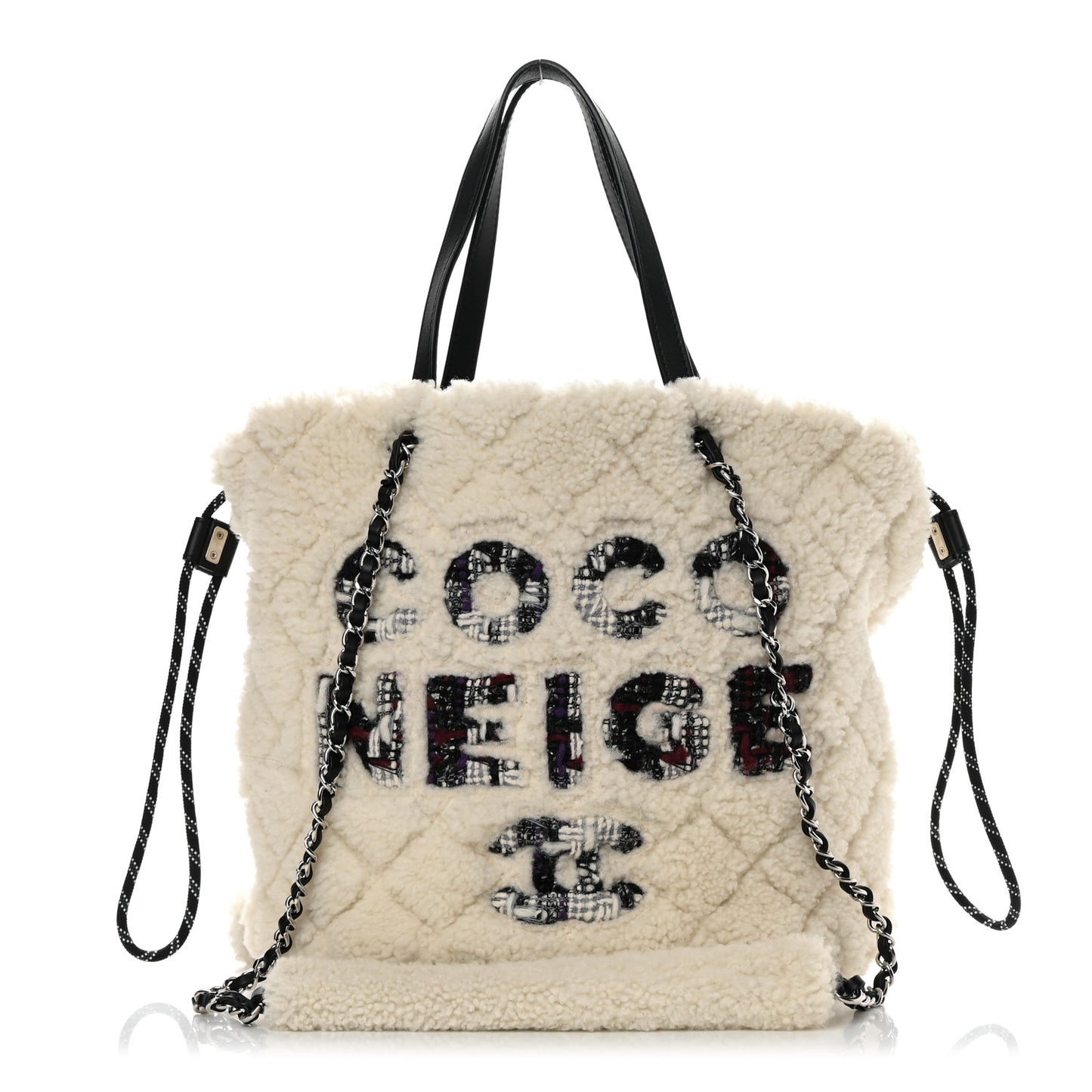 Shearling Sheepskin Tweed Large Coco Neige Tote White Black