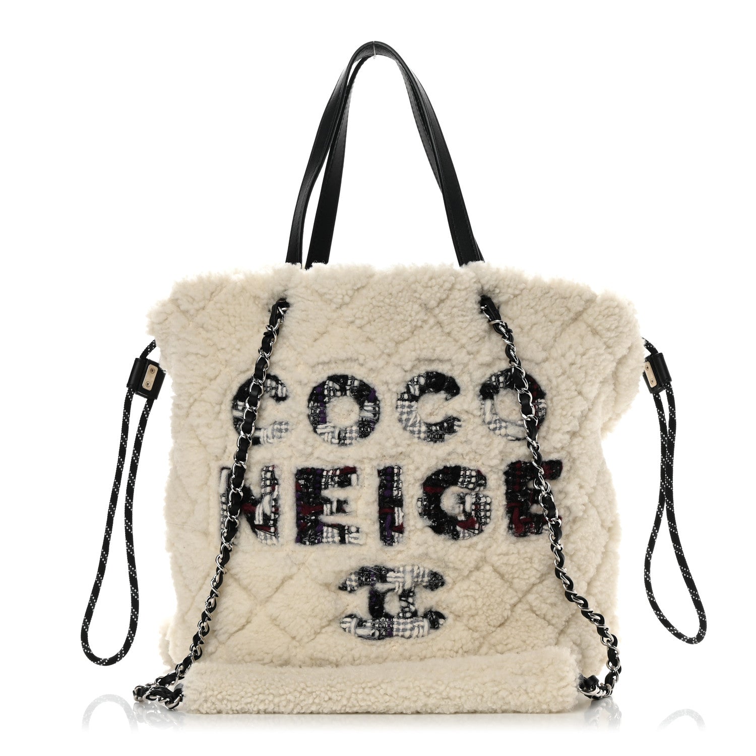 Chanel Shearling Sheepskin Tweed Large Coco Neige Tote White Black 1 of 11