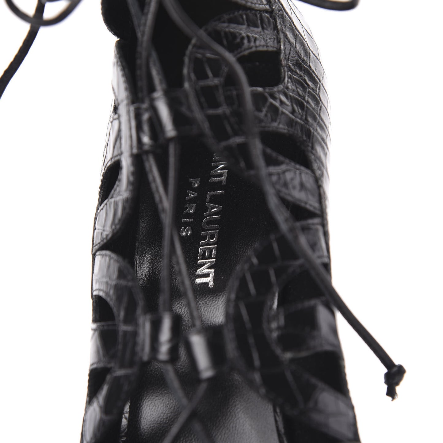Calfskin Crocodile Embossed Tribute 16 Lace Up Platform Sandals 39 Black