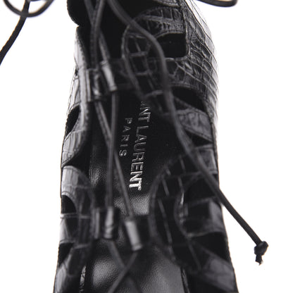 Saint Laurent Calfskin Crocodile Embossed Tribute 16 Lace Up Platform Sandals 39 Black 7 of 8