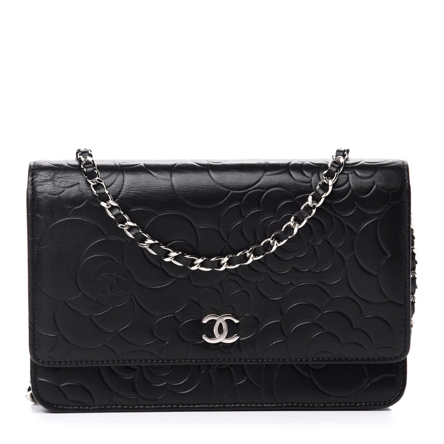 Lambskin Camellia Embossed Wallet on Chain WOC Black