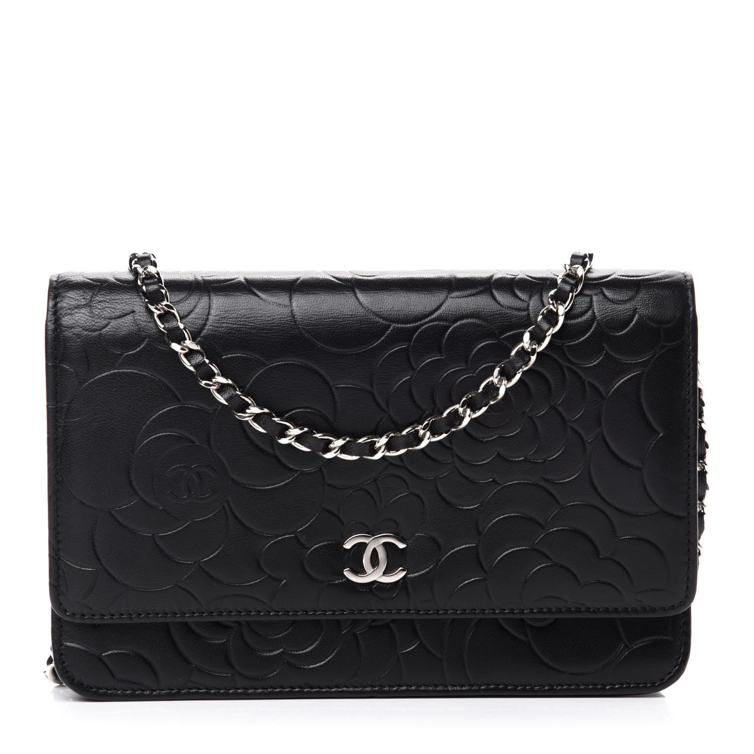 Chanel Lambskin Camellia Embossed Wallet on Chain WOC Black 1 of 12