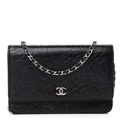 Chanel Lambskin Camellia Embossed Wallet on Chain WOC Black 1 of 12