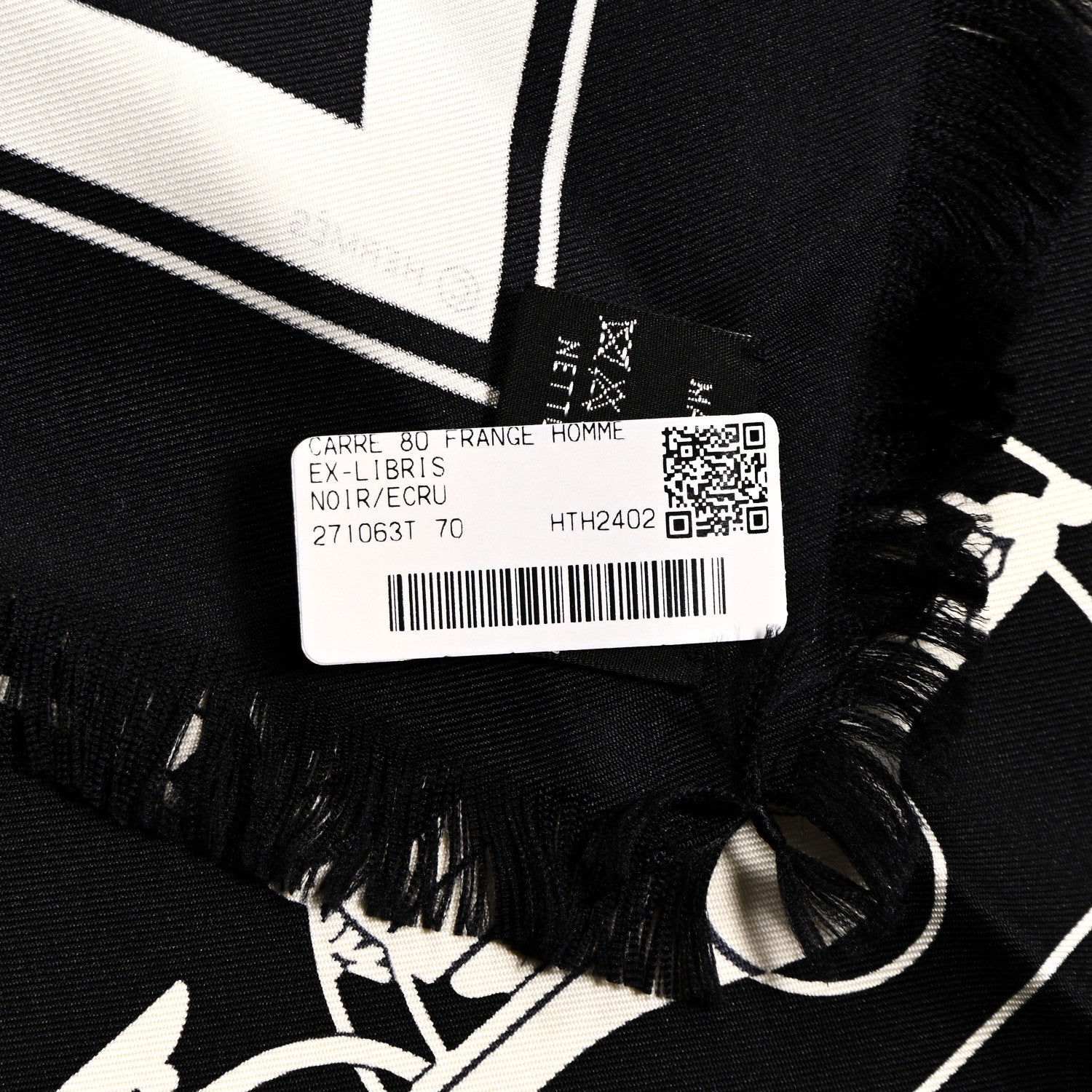 Hermes Silk Ex Libris Fringe Scarf 80 Black Ecru 1641191