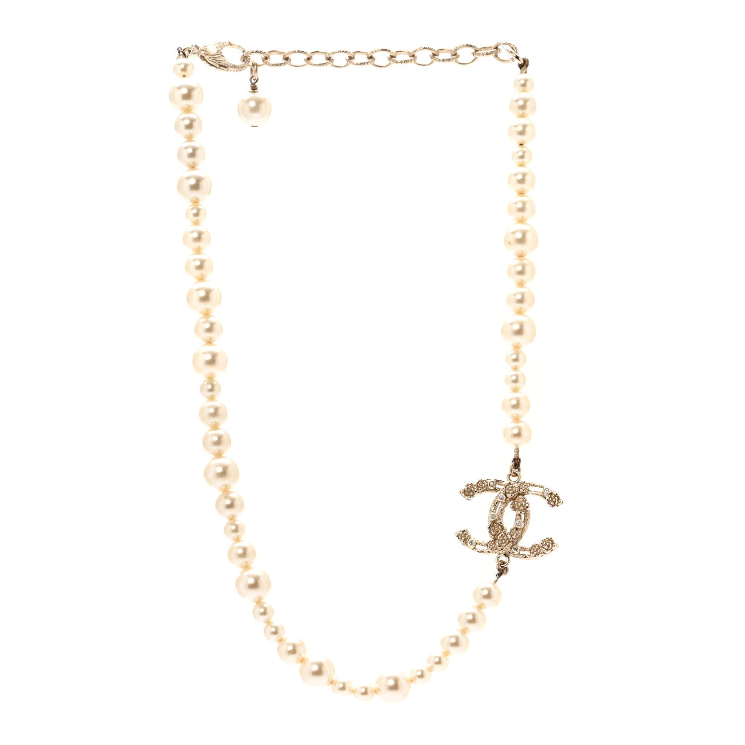 Chanel Pearl Crystal CC Camellia Short Necklace Gold 3 of 7