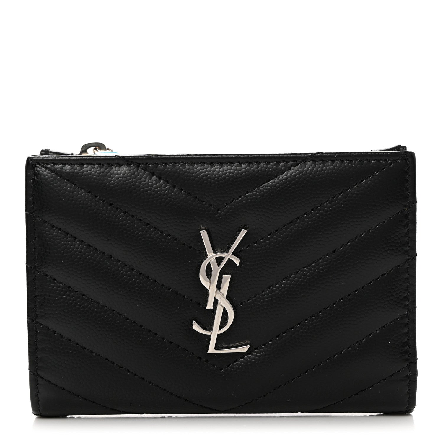 Saint Laurent Grain De Poudre Matelasse Chevron Monogram Zipped Two-Part Wallet Black 1 of 8