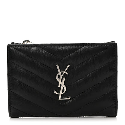 Saint Laurent Grain De Poudre Matelasse Chevron Monogram Zipped Two-Part Wallet Black 1 of 8