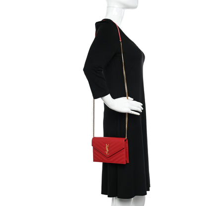 Saint Laurent Grain De Poudre Matelasse Chevron Monogram Envelope Chain Wallet New Red 2 of 11