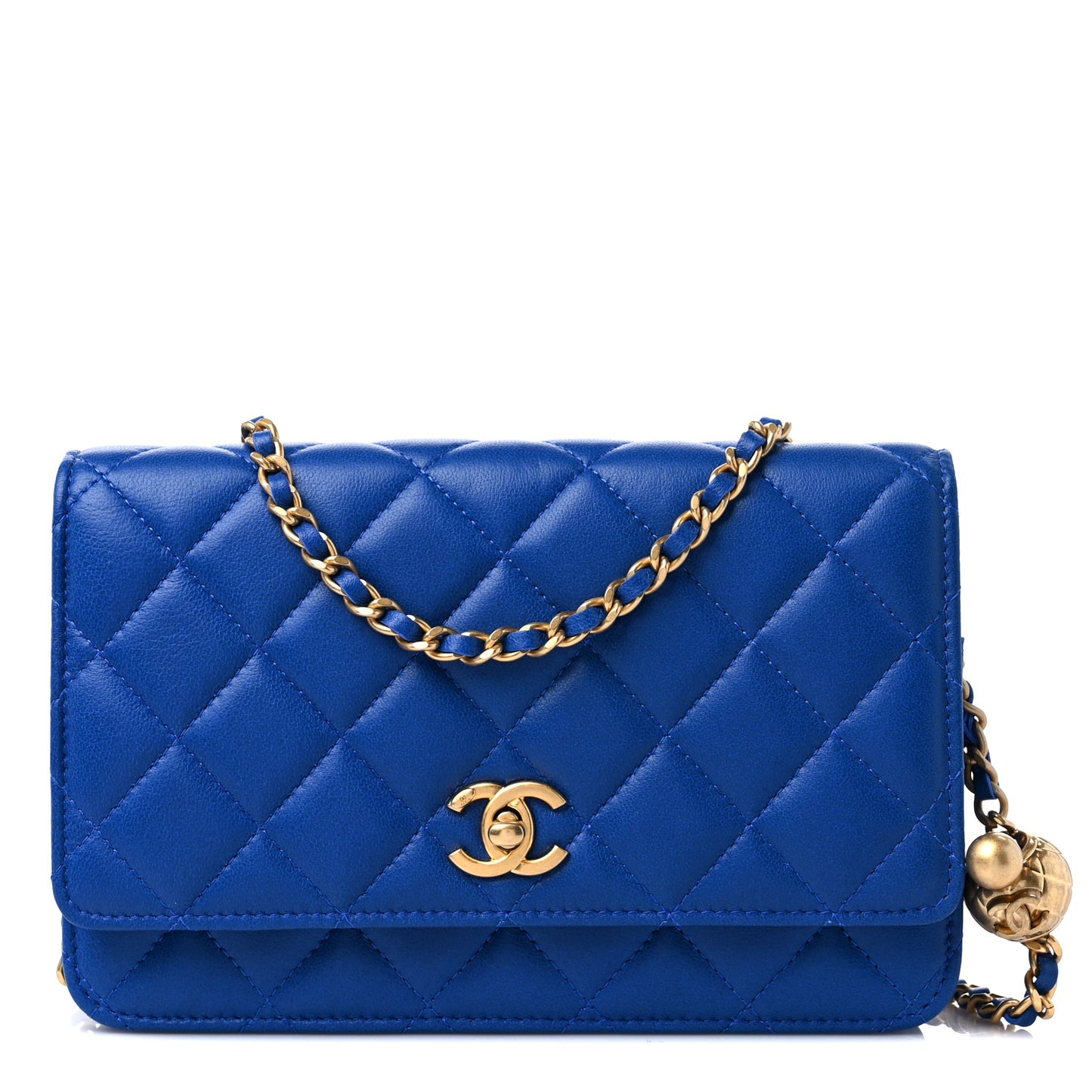 Lambskin Quilted CC Pearl Crush Wallet on Chain WOC Blue