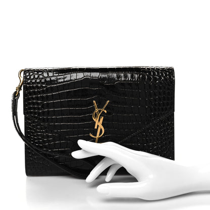 Saint Laurent SAINT LAURENT Calfskin Crocodile Embossed Monogram Cassandre Flap Pouch Black 2 of 11