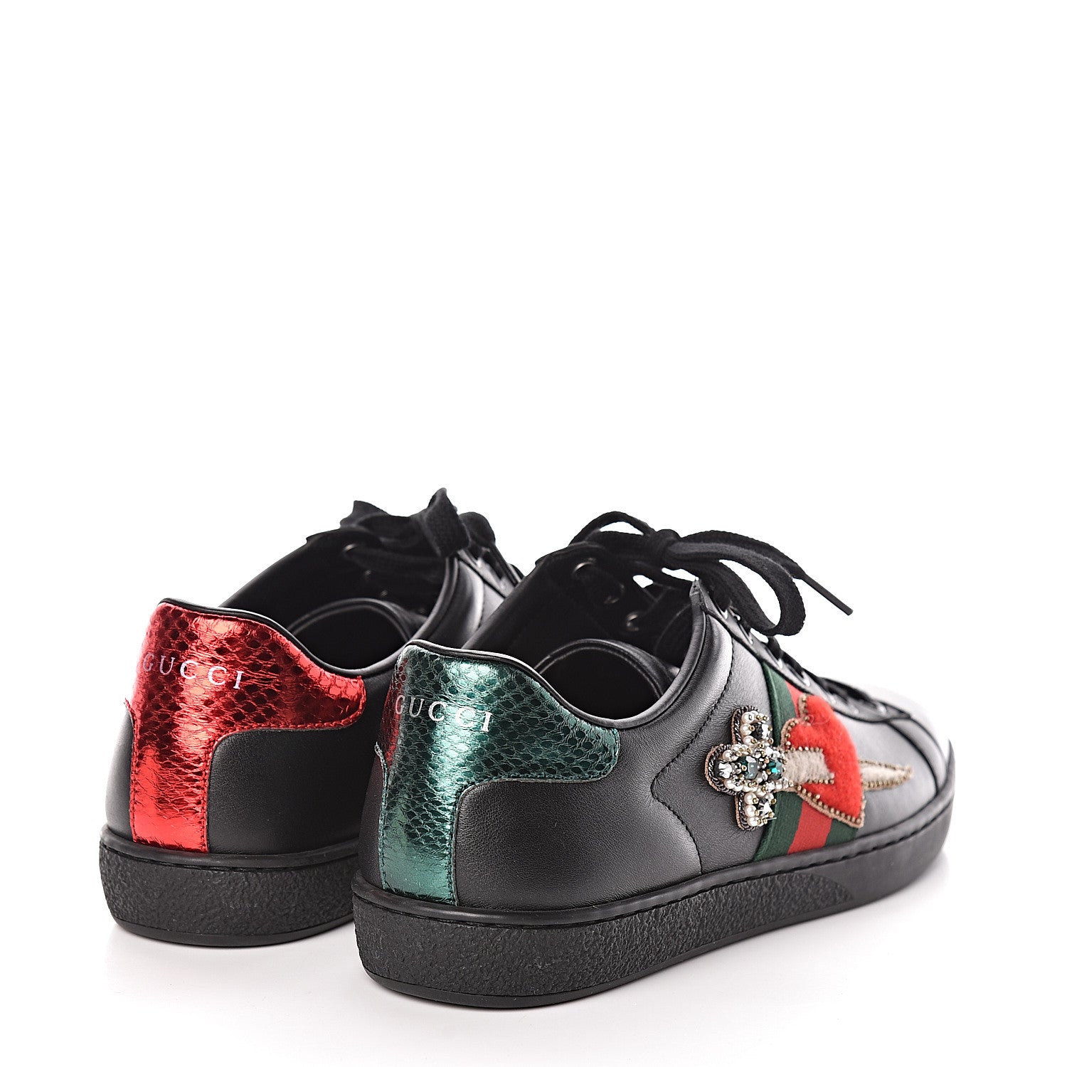 Gucci Calfskin Ayers Web Pierced Heart Embroidered Ace Sneakers 36.5 Black 4 of 9