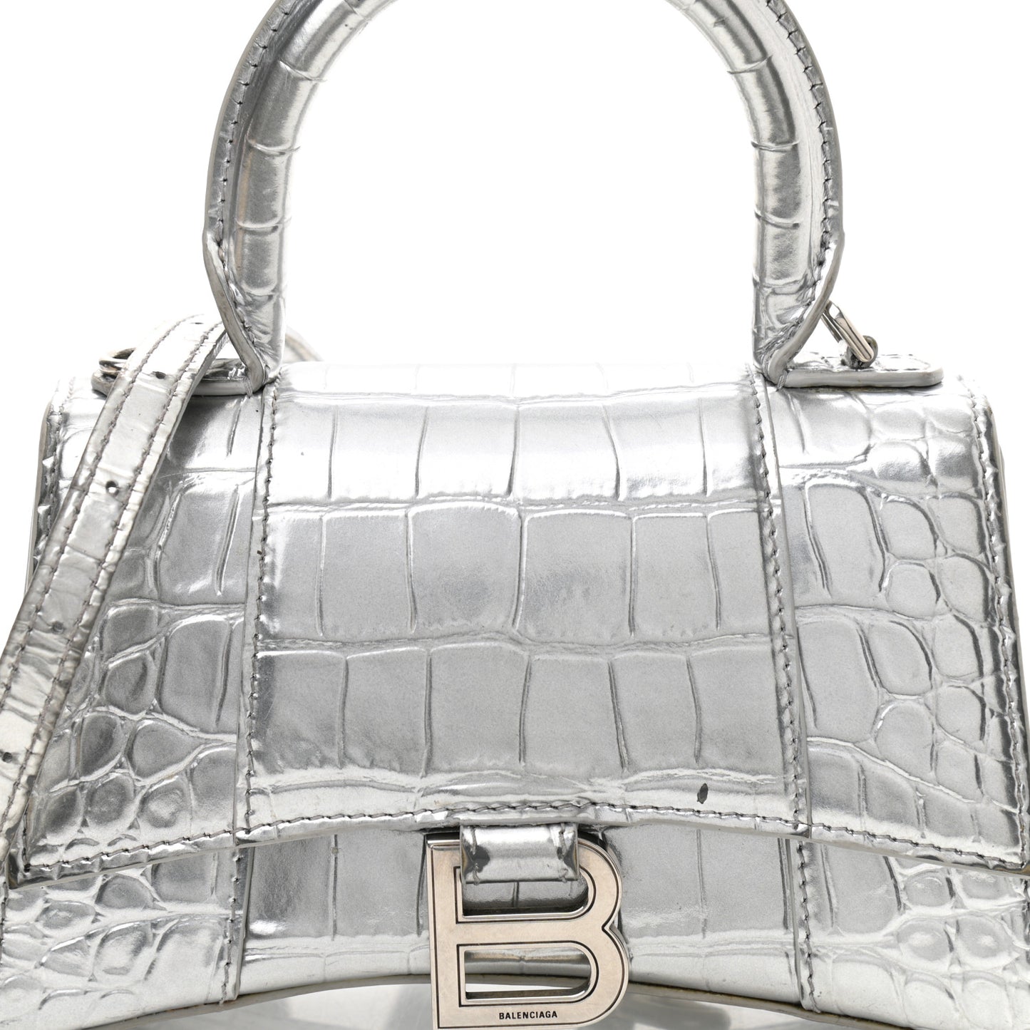 Metallic Calfskin Crocodile Embossed Hourglass Top Handle Bag XS Silver
