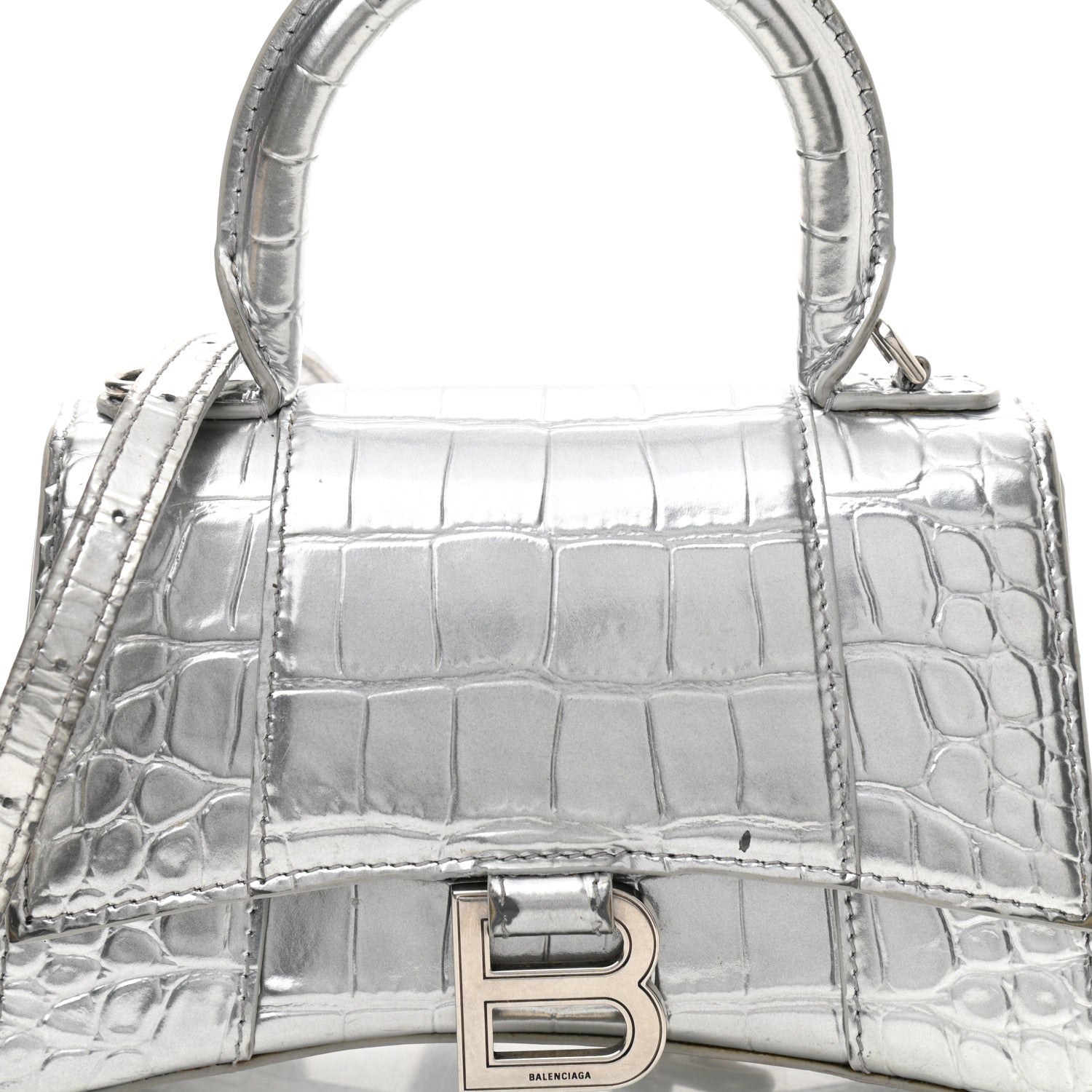 Balenciaga Metallic Calfskin Crocodile Embossed Hourglass Top Handle Bag XS Silver 9 of 13