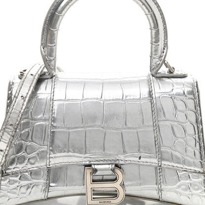 Balenciaga Metallic Calfskin Crocodile Embossed Hourglass Top Handle Bag XS Silver 9 of 13