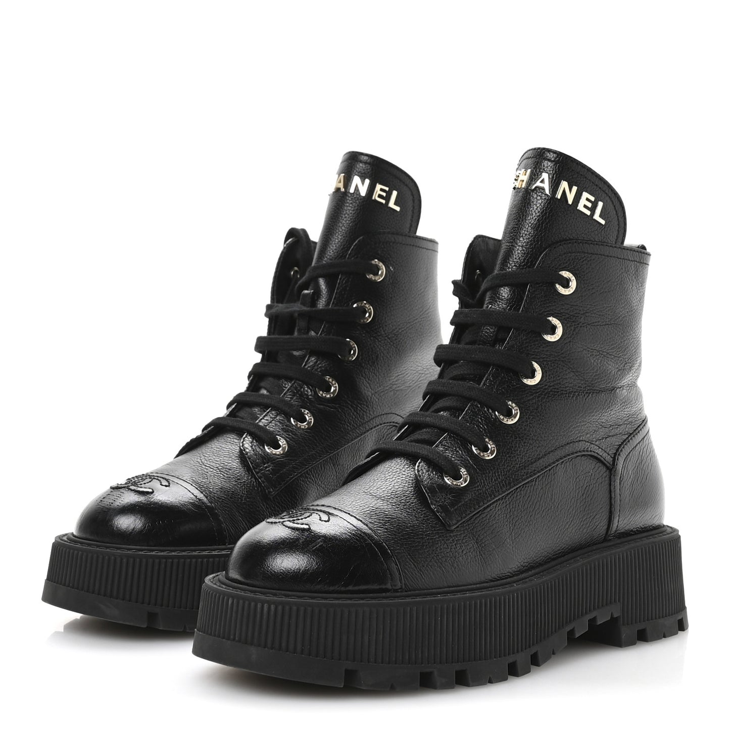 Grained Calfskin Shiny Calfskin CC Lace Up Combat Boots 39 Black