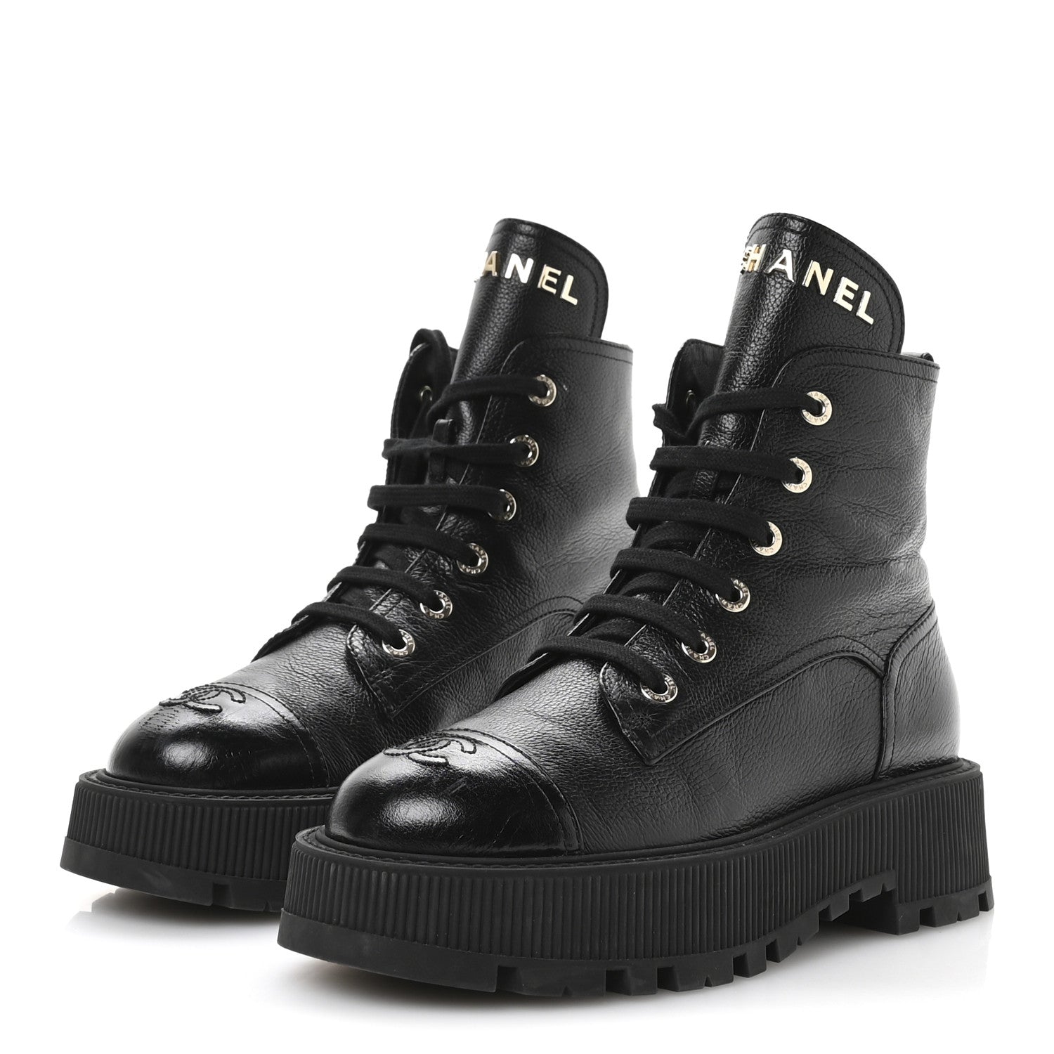 Chanel Grained Calfskin Shiny Calfskin CC Lace Up Combat Boots 39 Black 4 of 9