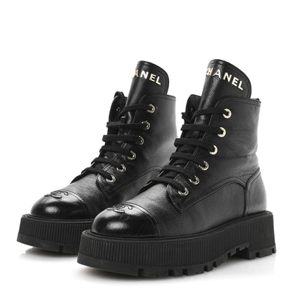Chanel Grained Calfskin Shiny Calfskin CC Lace Up Combat Boots 39 Black 4 of 9