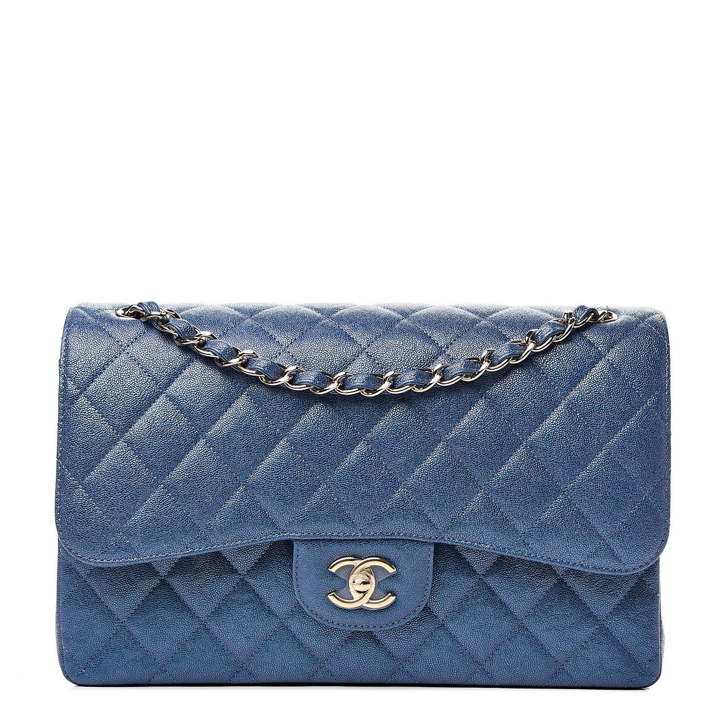 Iridescent Caviar Quilted Jumbo Double Flap Dark Blue