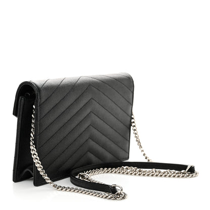 Saint Laurent Grain De Poudre Matelasse Chevron Monogram Envelope Chain Wallet Black 3 of 11