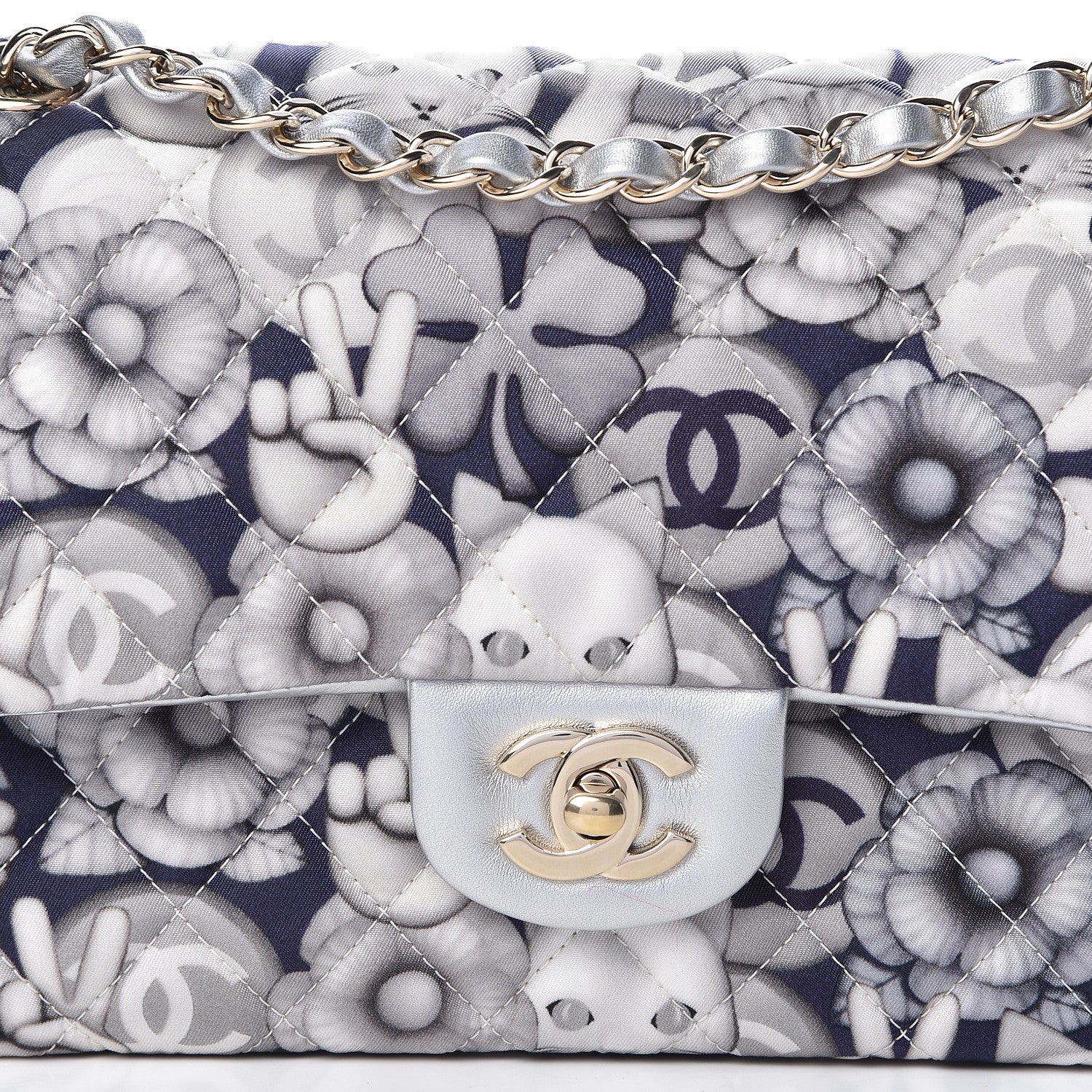 Chanel Nylon Quilted Medium Cat Emoticon Double Flap Navy Grey Ecru 10 of 10