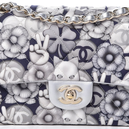 Chanel Nylon Quilted Medium Cat Emoticon Double Flap Navy Grey Ecru 10 of 10